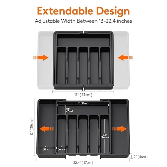 HORUS Silverware Drawer Organizer, Expandable Utensil Tray for Kitchen, BPA Free Flatware and Cutlery Holder, Adjustable Plastic Storage for Spoons Forks Knives, Larg (Black) - Image 2