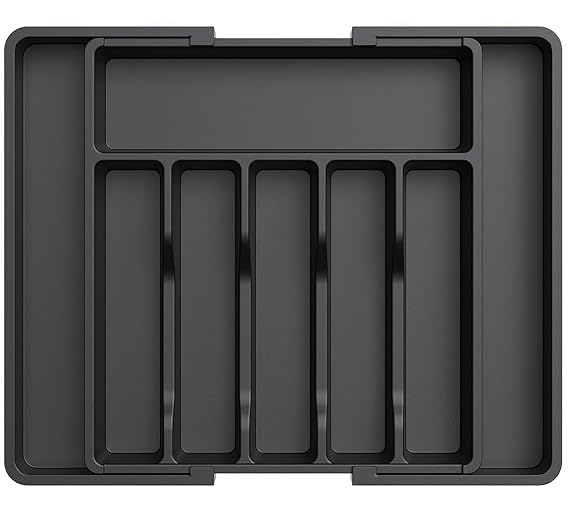 HORUS Silverware Drawer Organizer, Expandable Utensil Tray for Kitchen, BPA Free Flatware and Cutlery Holder, Adjustable Plastic Storage for Spoons Forks Knives, Larg (Black) - Image 1