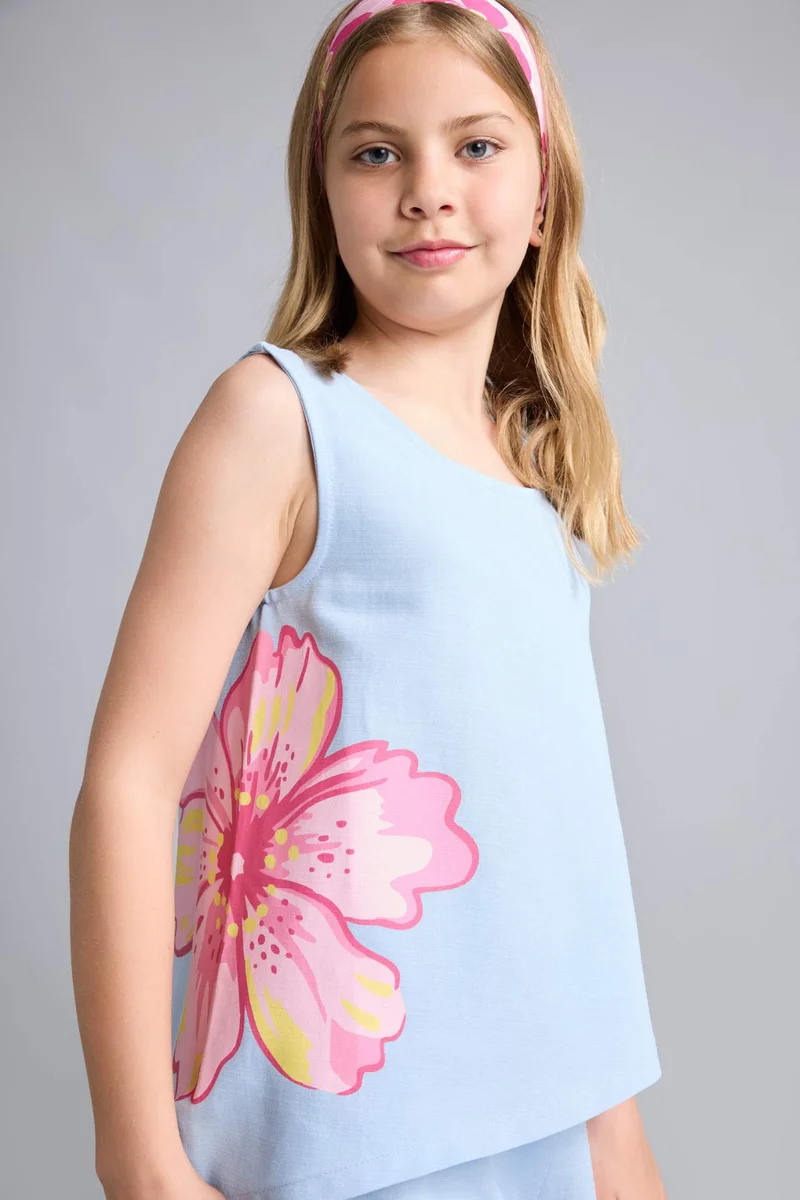 ديفاكتو Girl Sleeveless Floral Light Blue Blouse