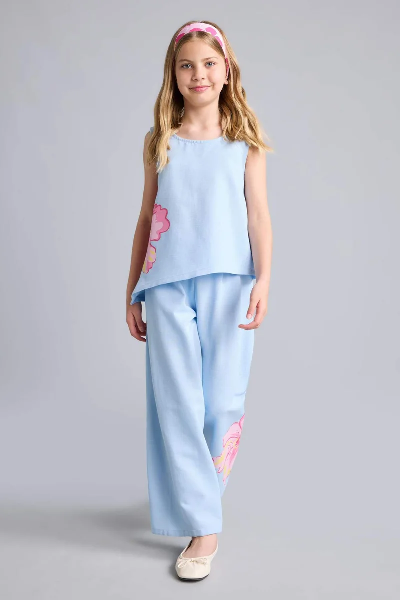 ديفاكتو Girl Sleeveless Floral Light Blue Blouse