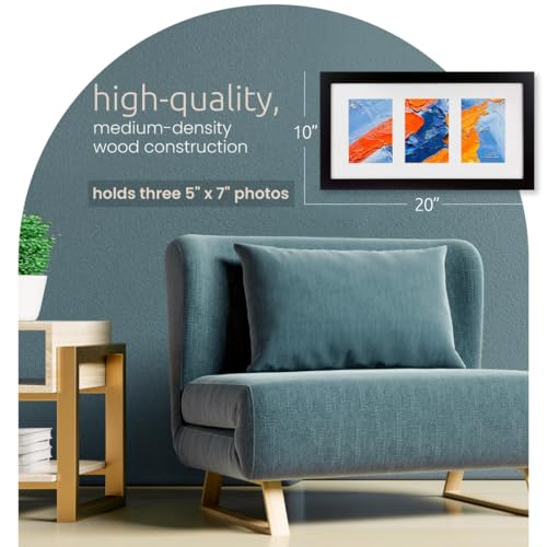 Kiera Grace Matted Classic Langford Picture Frame, Holds Three 5" x 7" Photos, 10" x 20" Large Wood Picture Frame for Wall Hanging and Photo Display, Black - Image 2