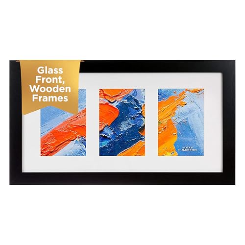 Kiera Grace Matted Classic Langford Picture Frame, Holds Three 5" x 7" Photos, 10" x 20" Large Wood Picture Frame for Wall Hanging and Photo Display, Black - Image 1