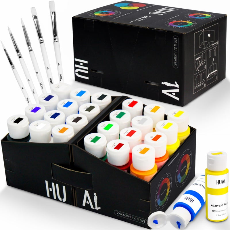 HUAL Acrylic Paint Set With 5 Brushes 24 Colors 60ml 2oz for Artists Kids Beginners  PaintersModelCanvasRockFabricGlassStoneCeramicWood Painting Non Toxic