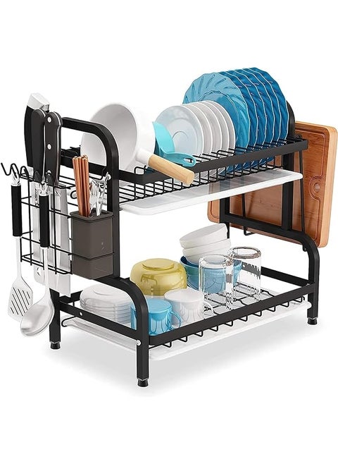 Drying Rack 2Tier Dish Drainer Black Dish Drainer Rack Drainer Rack With Drip Tray Large Rustproof Dish Drainer With Utensil Holder