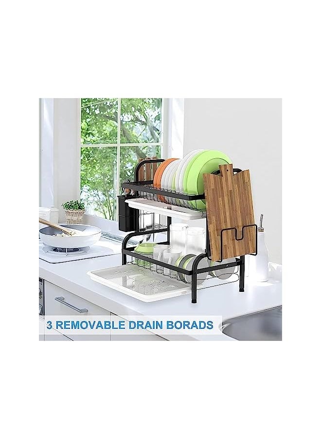 Drying Rack 2Tier Dish Drainer Black Dish Drainer Rack Drainer Rack With Drip Tray Large Rustproof Dish Drainer With Utensil Holder