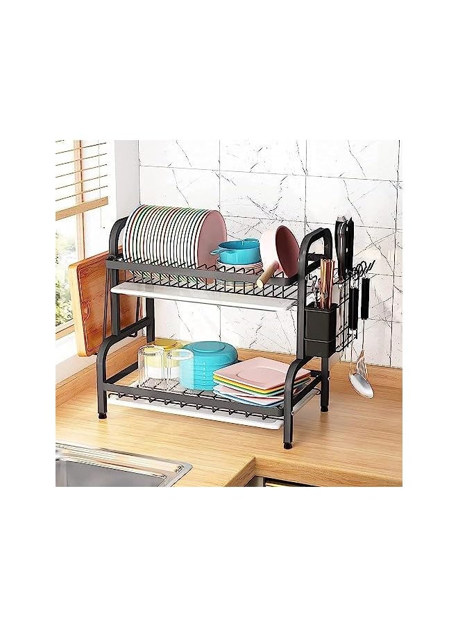 Drying Rack 2Tier Dish Drainer Black Dish Drainer Rack Drainer Rack With Drip Tray Large Rustproof Dish Drainer With Utensil Holder
