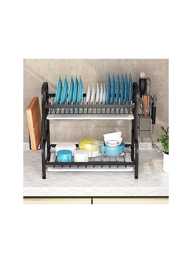 Drying Rack 2Tier Dish Drainer Black Dish Drainer Rack Drainer Rack With Drip Tray Large Rustproof Dish Drainer With Utensil Holder