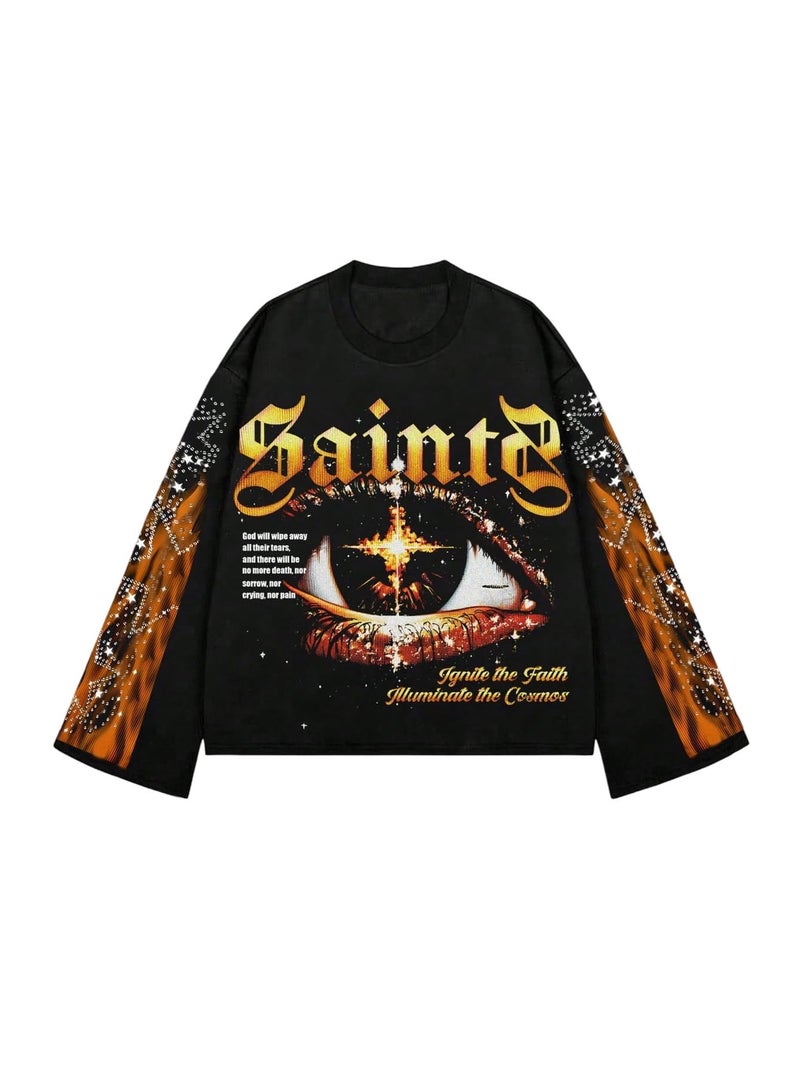Verdusa Men's Rhinestone Graphic Tees Y2K Long Sleeve Tee Shirts Eye Print Crop Tops Hip Hop Streetwear Black and Orange Small - Image 1