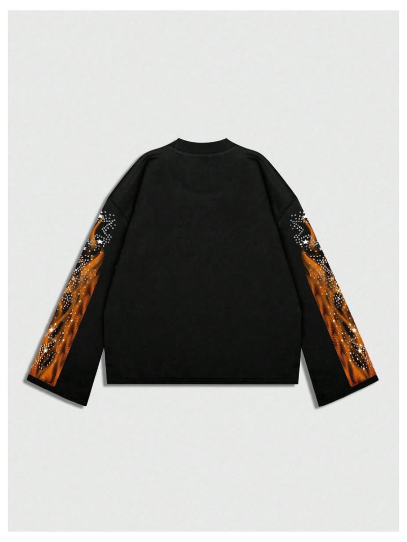 Verdusa Men's Rhinestone Graphic Tees Y2K Long Sleeve Tee Shirts Eye Print Crop Tops Hip Hop Streetwear Black and Orange Small - Image 2