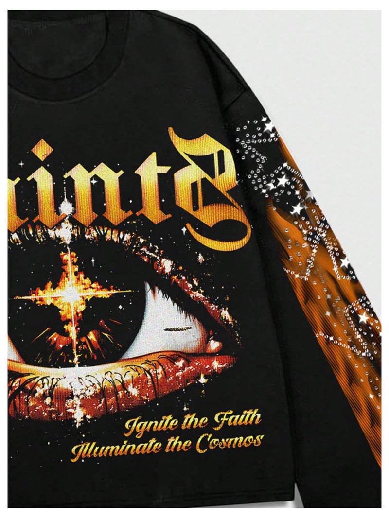 Verdusa Men's Rhinestone Graphic Tees Y2K Long Sleeve Tee Shirts Eye Print Crop Tops Hip Hop Streetwear Black and Orange Small - Image 3