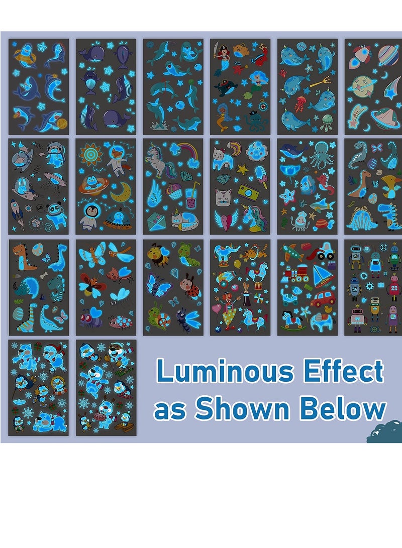 Fluorescent Temporary Tattoos for Kids' Parties, Luminous Blue Assorted Designs Featuring Unicorns, Dinosaurs, Mermaids, and Space Themes - 20 Sheets of Fun Birthday Party Decorations. - Image 3