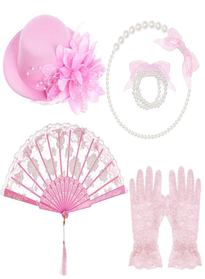 obmwang 5 Pieces Girls Tea Party Supplies Tea Party Gloves Hats Girls Kids Tea Party Necklace Fan for Girls Tea Party Costume - Image 1