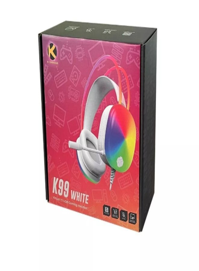 K Gaming K99 Virtual 7.1 USB Gaming Headset - White - Image 5