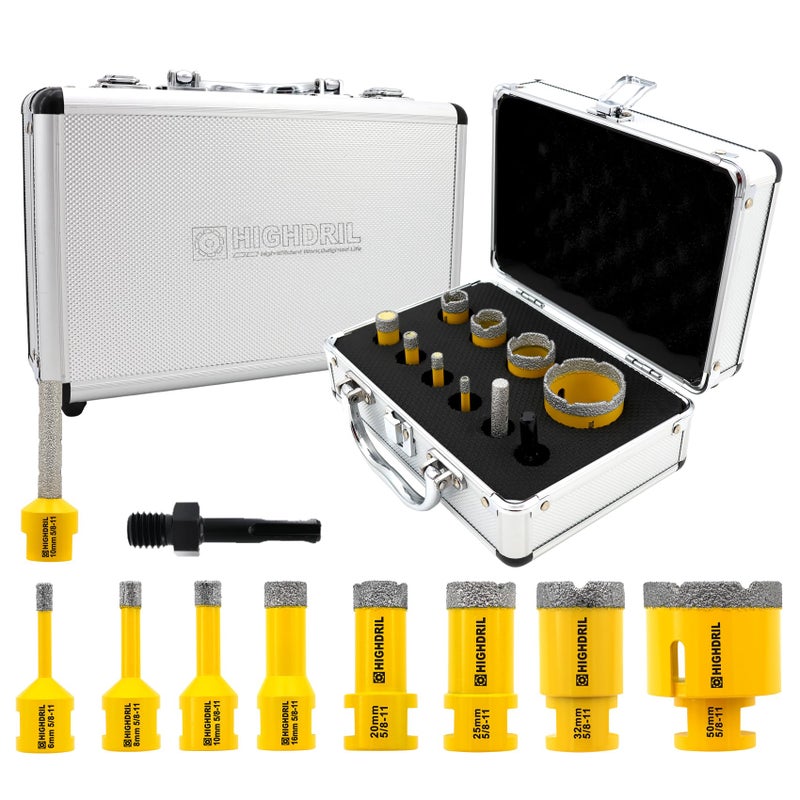 HIGHDRIL Diamond Drill Bits Kit with 5811 for Porcelain Tile Ceramic Marble Brick Concrete Vacuum Brazed Hole Saw68101620253250mm10mm Finger BitsSDS Shank Adapter