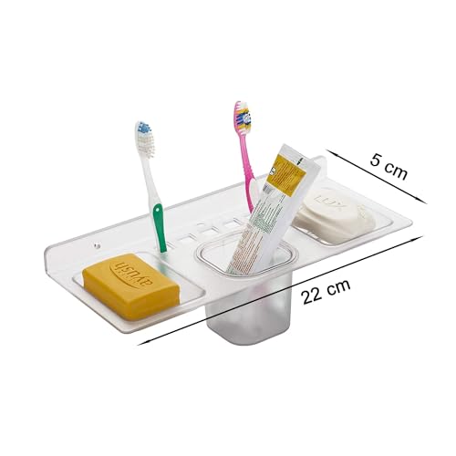 iSTAR Multi use 4 in 1 Multipurpose Double Soap stand with Tumbler Holder Sleek Design Bathroom Accesories shelf soap holder for washbasin,Bathroom, kitchen(Pack of 1,Clear, Plastic) - Image 2