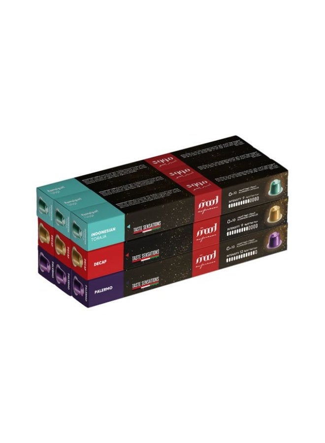 Nespresso Compatible Capsules (3 Flavors: Palermo, Decaf, Indonesian Toraja), Pack of 9 (90 Capsules)