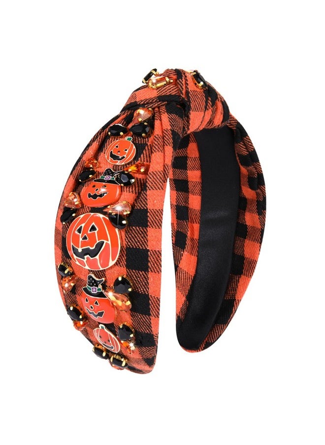 YAHPERN Halloween Headband For Women Spooky Pumpkin Spider Ghost Headband Jeweled Rhinestone Crystal Knotted Headband Embellished Wide Top Knot Headband Halloween Hair Accessories Outfits Party Gifts  - Image 1