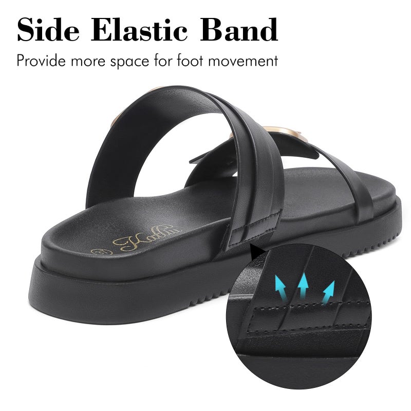 katliu Women's Comfort Flat Sandals Double Buckle Adjustable Slide Sandals Casual Summer Sandals with Arch Support Black 8 - Image 5