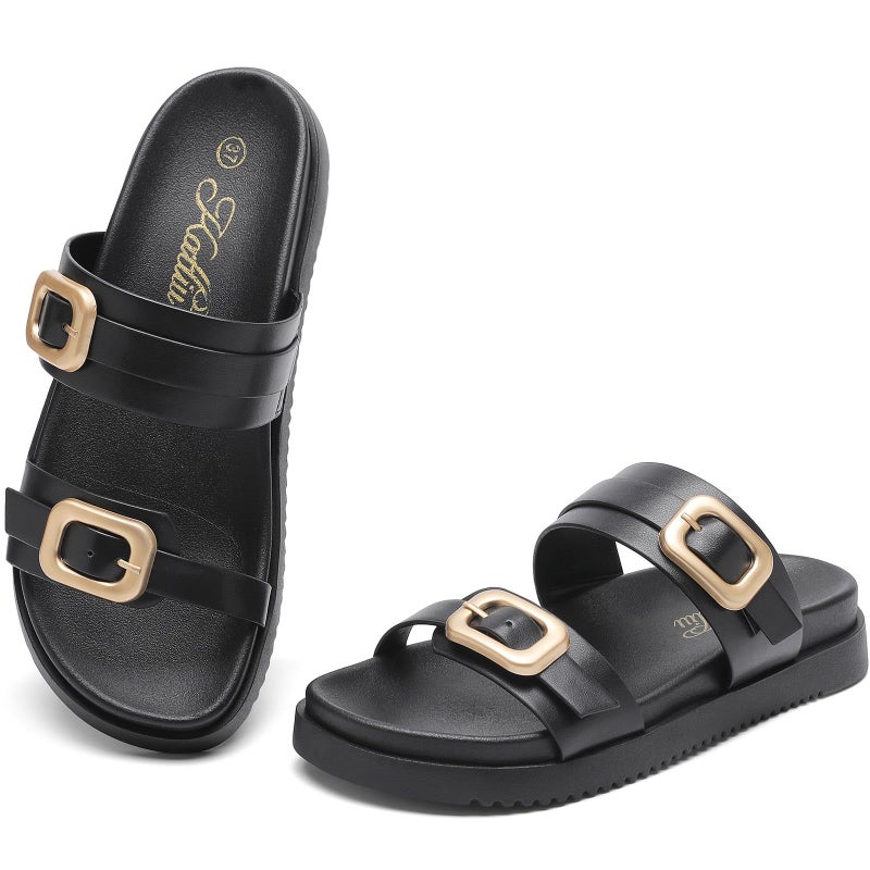 katliu Women's Comfort Flat Sandals Double Buckle Adjustable Slide Sandals Casual Summer Sandals with Arch Support Black 8 - Image 1