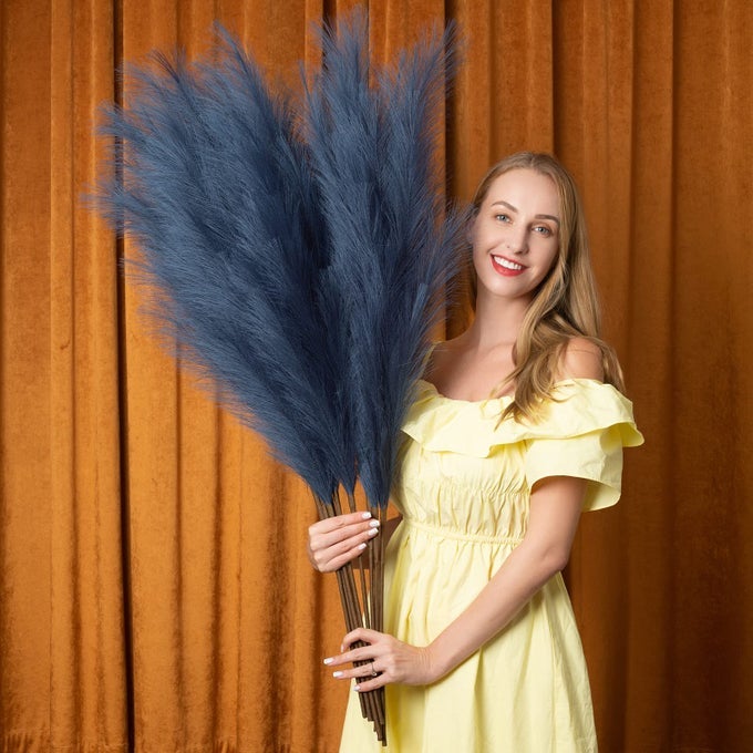 Faux Pampas Grass 6 Stems Artificial Pampas Grass 43 inch Total Extra Large Pompass Grass Tall Pompous Boho Flower Arrangement and Floor Vase Filler Home Decor for Room Wedding Party Blue
