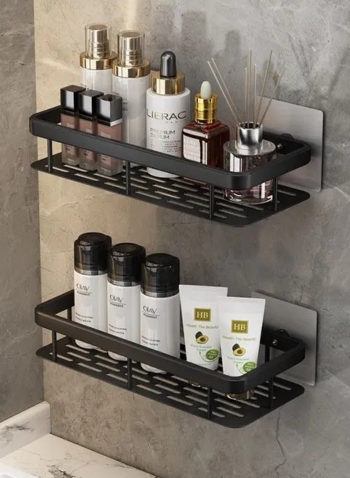 Bathroom Shelf, Set of 2, Shower Caddy, No-drilling Bathroom Organizer,  Self-Adhesive Bathroom Shelves, Aluminum Metal Shower Racks, Wall mounted Bathroom Rack (Black). - Image 1