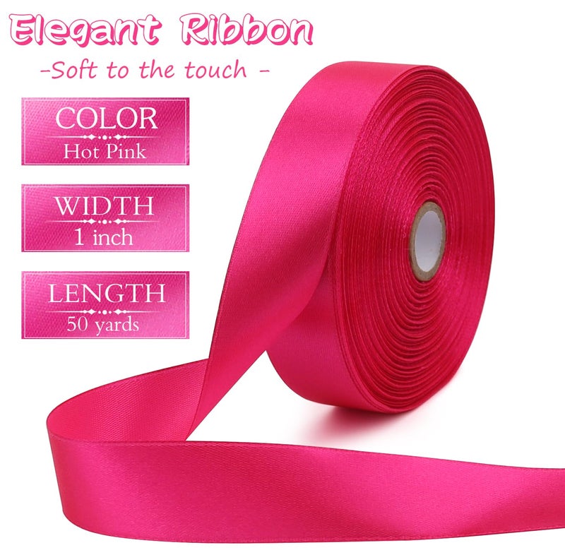 RIUNBB Hot Pink Solid Satin Ribbon 1 Inch 50 Yards Solid Polyester Fabric Ribbon for Gift Wrapping Wedding Christmas Baby Shower Birthday Party Decoration Handmade Immortal Flower Craft - Image 2