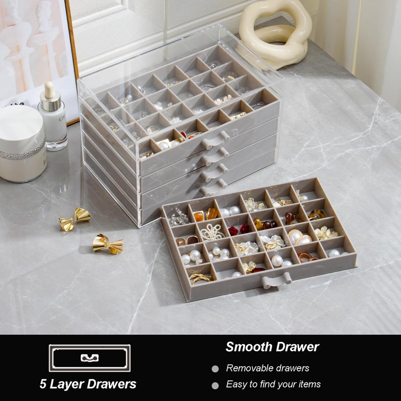 YUFONG Earring Storage Box Organizer, Acrylic Jewelry Storage Box Holder 5 Drawers Transparent Jewelry Display Stand with 120 Small Compartments Gift Boxes for Women Girls (Gray) - Image 4