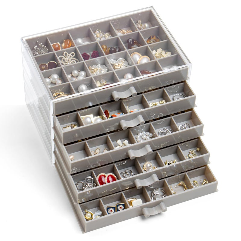YUFONG Earring Storage Box Organizer, Acrylic Jewelry Storage Box Holder 5 Drawers Transparent Jewelry Display Stand with 120 Small Compartments Gift Boxes for Women Girls (Gray) - Image 1