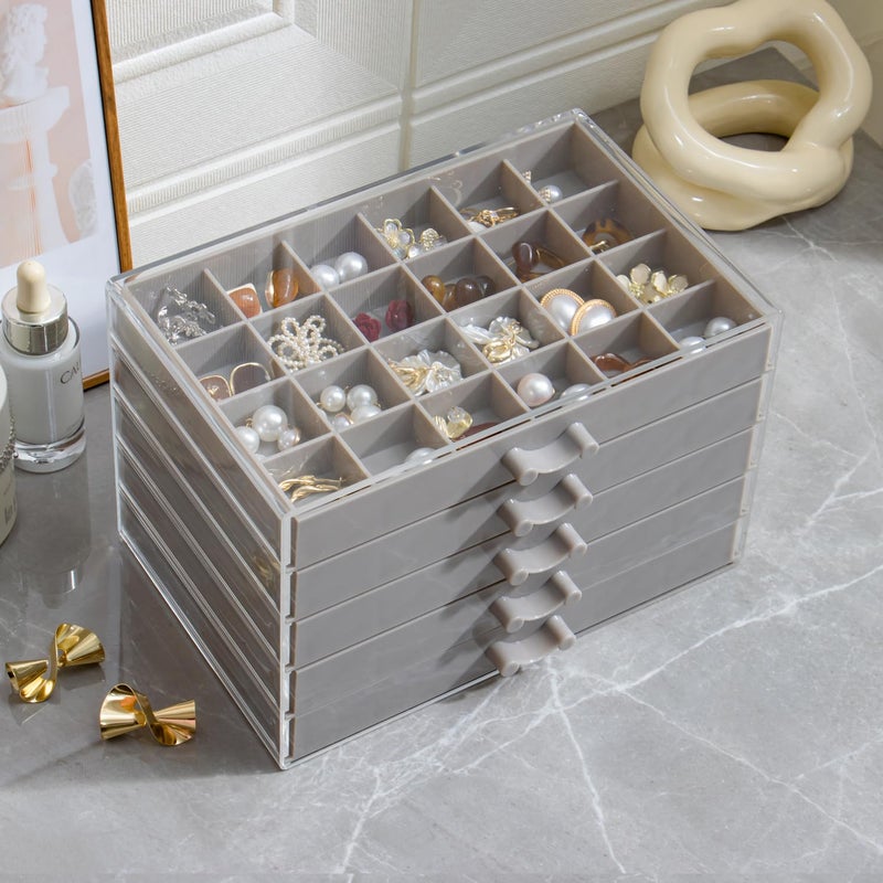 YUFONG Earring Storage Box Organizer, Acrylic Jewelry Storage Box Holder 5 Drawers Transparent Jewelry Display Stand with 120 Small Compartments Gift Boxes for Women Girls (Gray) - Image 5