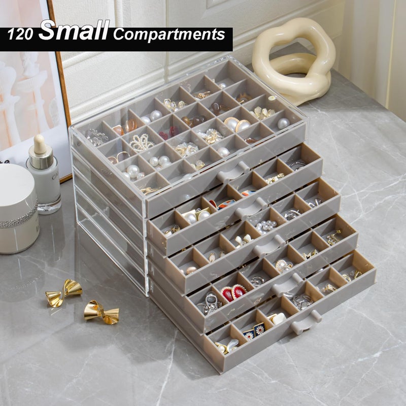 YUFONG Earring Storage Box Organizer, Acrylic Jewelry Storage Box Holder 5 Drawers Transparent Jewelry Display Stand with 120 Small Compartments Gift Boxes for Women Girls (Gray) - Image 2