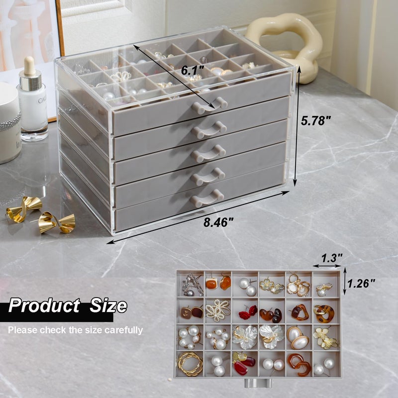 YUFONG Earring Storage Box Organizer, Acrylic Jewelry Storage Box Holder 5 Drawers Transparent Jewelry Display Stand with 120 Small Compartments Gift Boxes for Women Girls (Gray) - Image 3