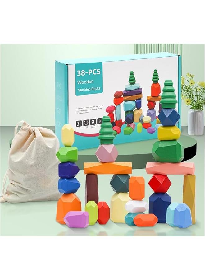 HOOKOR 38PCS Toddler Wooden Stacking Building Blocks Montessori Toys, Preschool Educational Sensory Toys for Toddlers 1-4 STEM Learning Toys Games Gift - Image 2