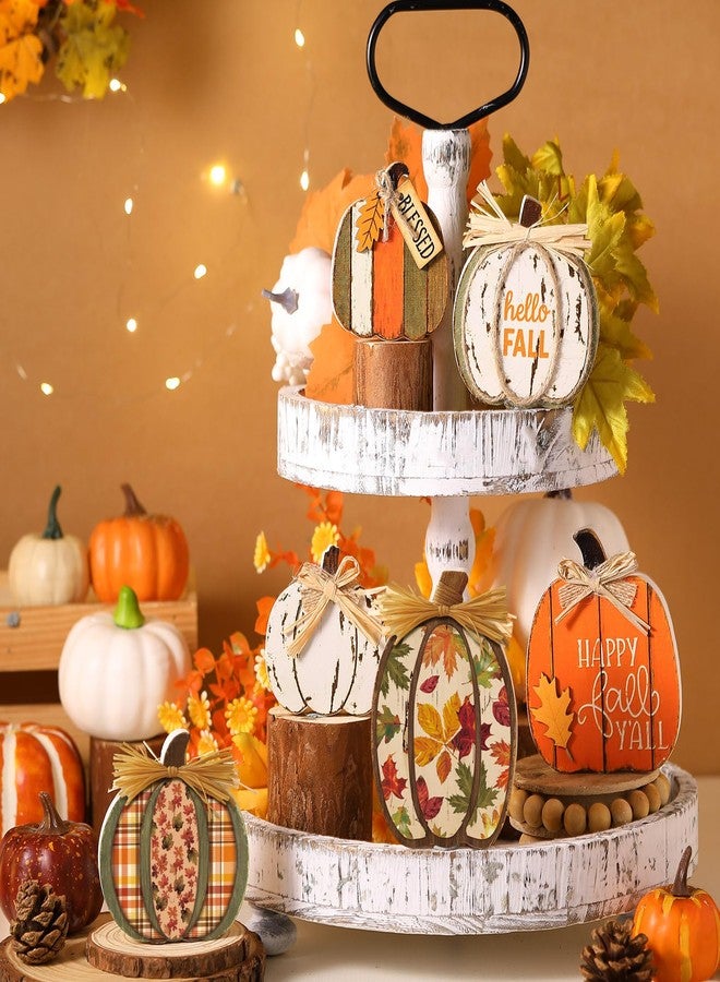 Leinuosen 6 Pcs Thanksgiving Fall Pumpkin Decor Pumpkin Wooden Block Sign Fall Tiered Tray Decor for Home Autumn Table Centerpieces Decorations for Thanksgiving Harvest Table Mantel - Image 4