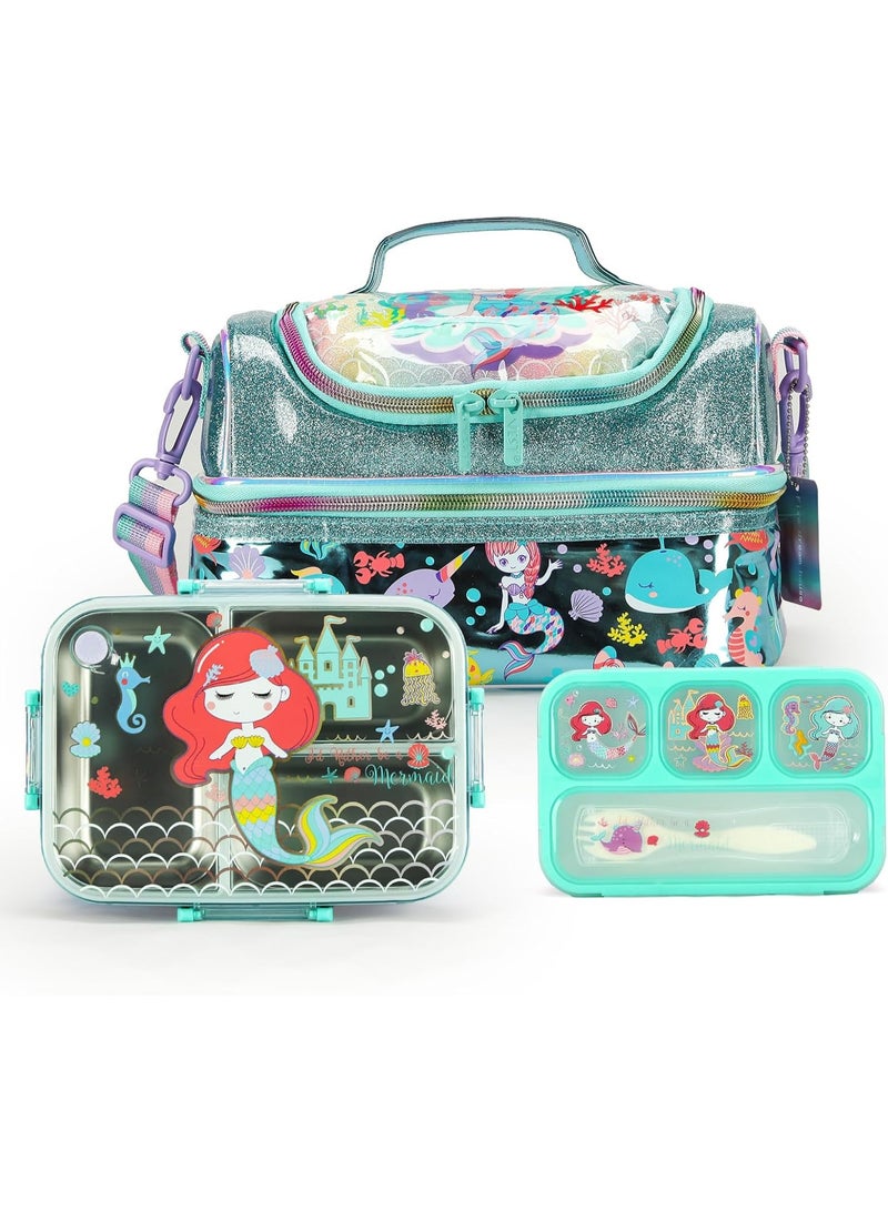 Lucky Kids Lunch Box Set with Insulated Bag, Bento Lunch Container & Utensils – Cute Cartoon Designs for Boys & Girls, Leakproof, BPA-Free, Easy to Carry School Lunch Kit - Image 1