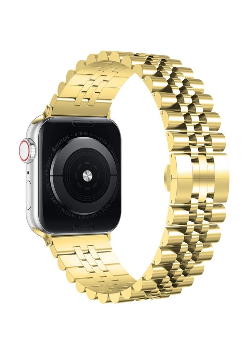 ELTRAZONE Wolait Compatible with Apple Watch Band 44mm 42mm 40mm 38mm Stainless Steel Heavy Band with Butterfly Folding Clasp Link Bracelet for iWatch Series 6/SE Series 5/4/3/2/1 Men Gold 44mm/42mmCompatible w - Image 1