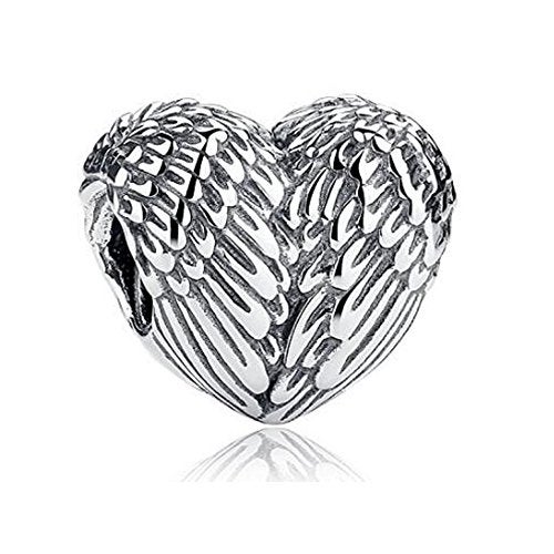 ARTCHARM 925 Sterling Silver Feathers Angel Wing Heart Shape Charm Bead Fit European Bracelet Necklace - Image 1