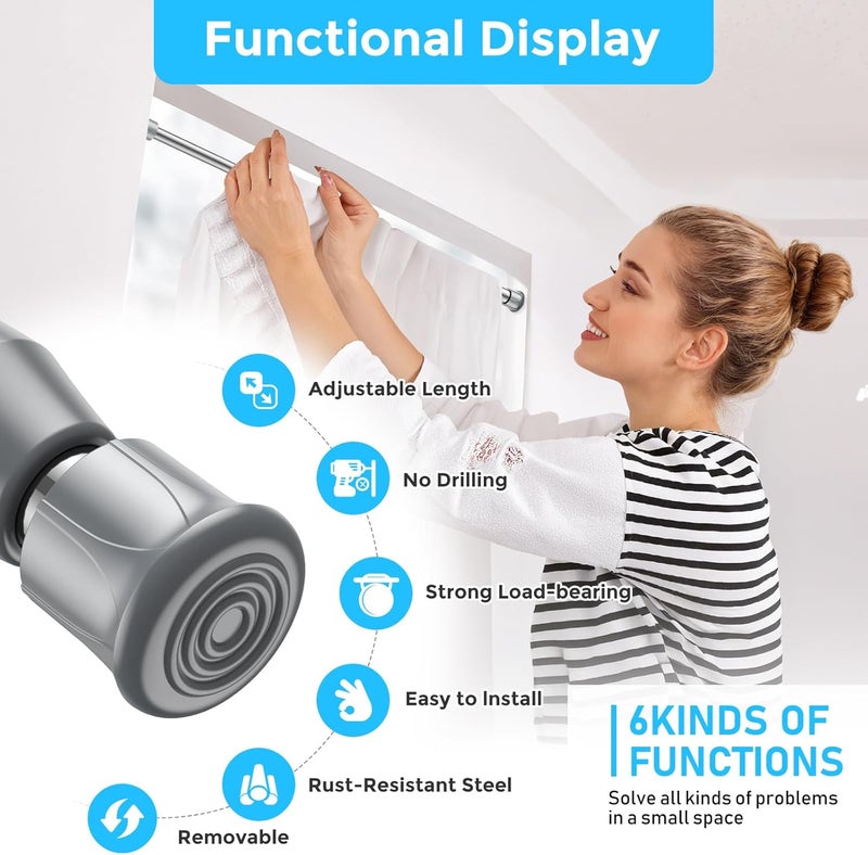 AIZESI 4PCS Silver Tension Rod 16.5 to 28 Inch, Adjustable Spring Curtain Rods No Drilling, Spring Tension Rods for Window DIY Cupboard Wardrobe - Image 2