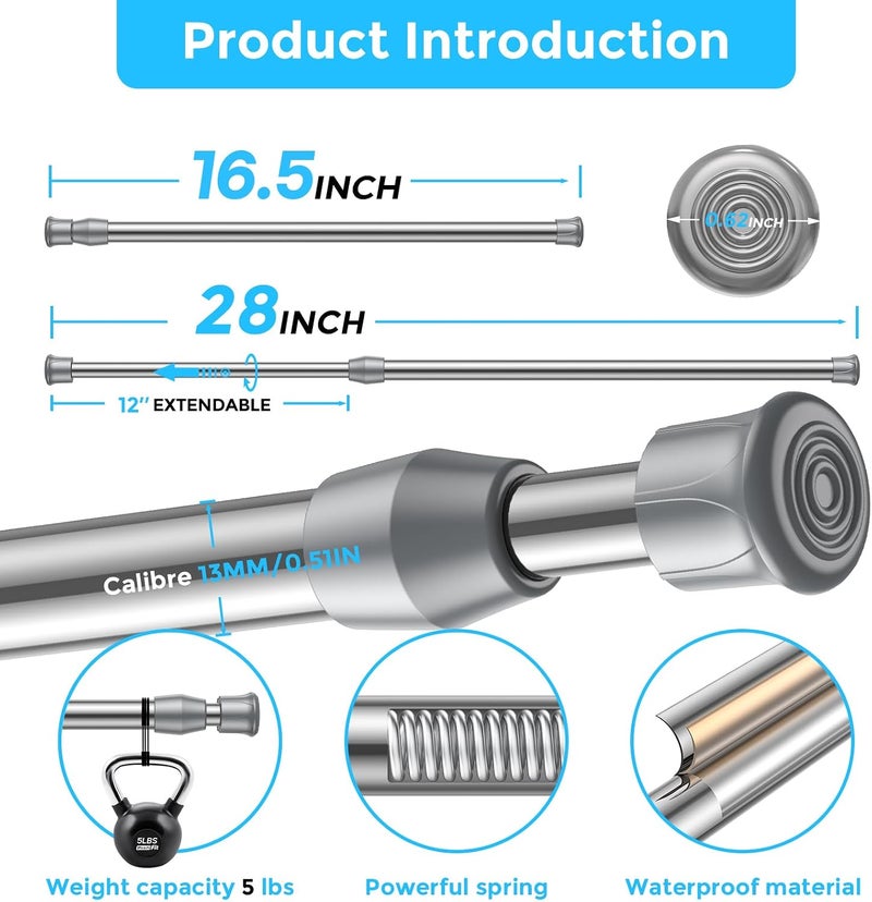 AIZESI 4PCS Silver Tension Rod 16.5 to 28 Inch, Adjustable Spring Curtain Rods No Drilling, Spring Tension Rods for Window DIY Cupboard Wardrobe - Image 3