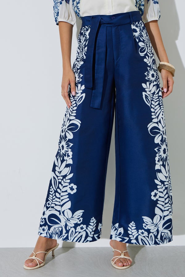 Styli Navy Blue Border Floral Print Wide Leg Pants - Image 2