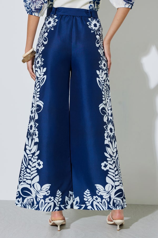 Styli Navy Blue Border Floral Print Wide Leg Pants - Image 5
