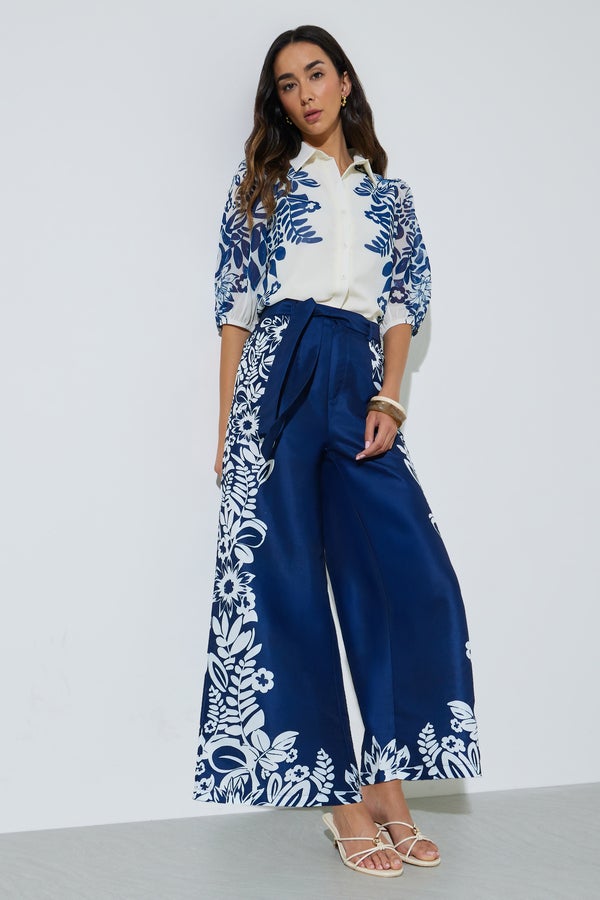 Styli Navy Blue Border Floral Print Wide Leg Pants - Image 1