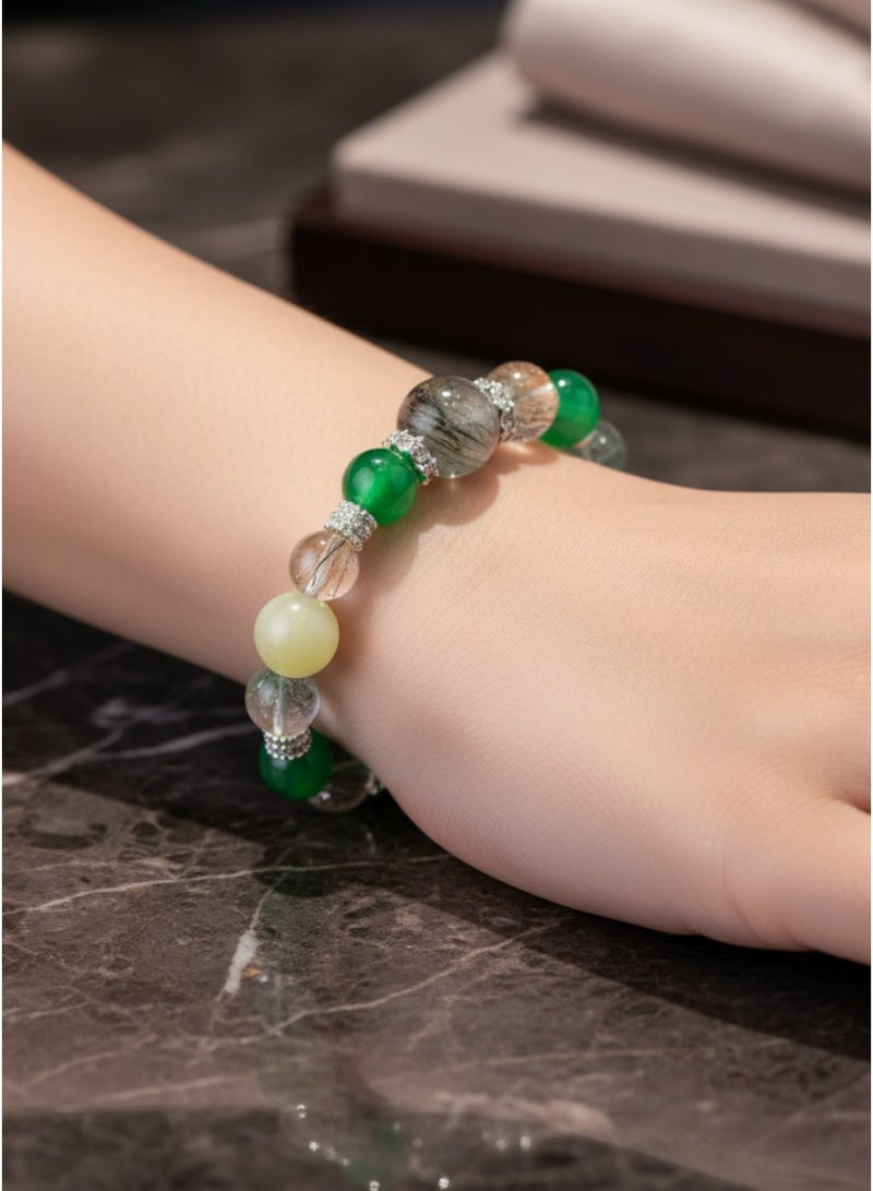 تشوميل سوار كريستالي بتصميم عناصر خشبية | خرز مستوحى من الكوارتز الأخضر الروتيل + ​​العقيق الأخضر + الكوارتز الشبح الأخضر + كوارتز الفراولة الأخضر + العنب الأخضر - أنيق ومعزز للطاقة، 15-16 سم - Image 4