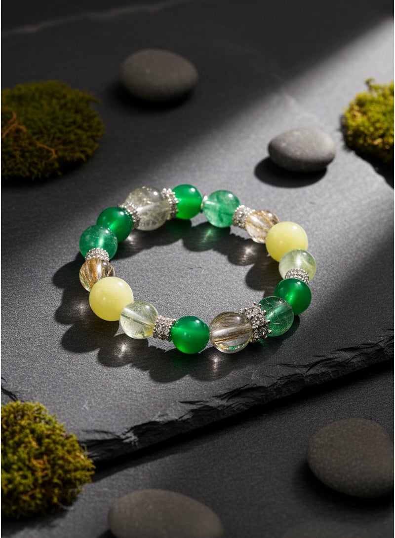 تشوميل سوار كريستالي بتصميم عناصر خشبية | خرز مستوحى من الكوارتز الأخضر الروتيل + ​​العقيق الأخضر + الكوارتز الشبح الأخضر + كوارتز الفراولة الأخضر + العنب الأخضر - أنيق ومعزز للطاقة، 15-16 سم - Image 2