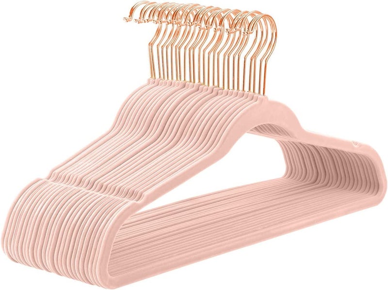 MIZGI Premium Velvet Hangers (60 Pack) Heavy Duty - Non Slip Felt Hangers - Blush Pink - Rose Gold 360 Degree Swivel Hooks,Space Saving Clothes Hanger,Durable Strong Hanger for Suits,Coats - Image 1