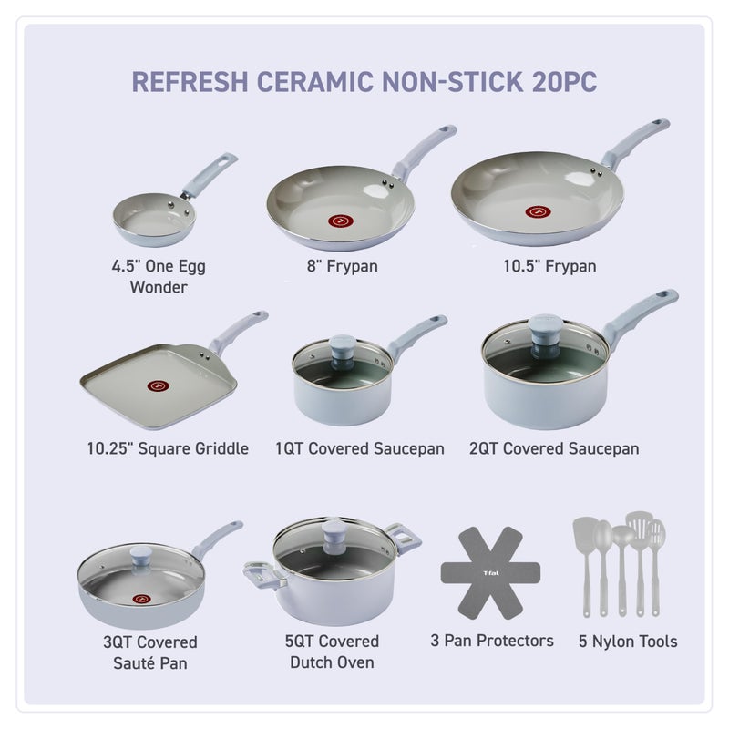 T-Fal Refresh Ceramic Nonstick Cookware Set, 20-Piece, Oven Safe to 350Â°F, Includes Stockpot, Griddle, Frying Pans, Utensils, Ceramic Pots and Pans Set, Blue - Image 2