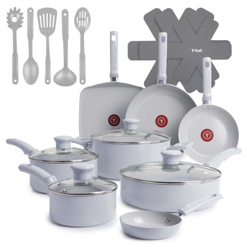 T-Fal Refresh Ceramic Nonstick Cookware Set, 20-Piece, Oven Safe to 350Â°F, Includes Stockpot, Griddle, Frying Pans, Utensils, Ceramic Pots and Pans Set, Blue - Image 1