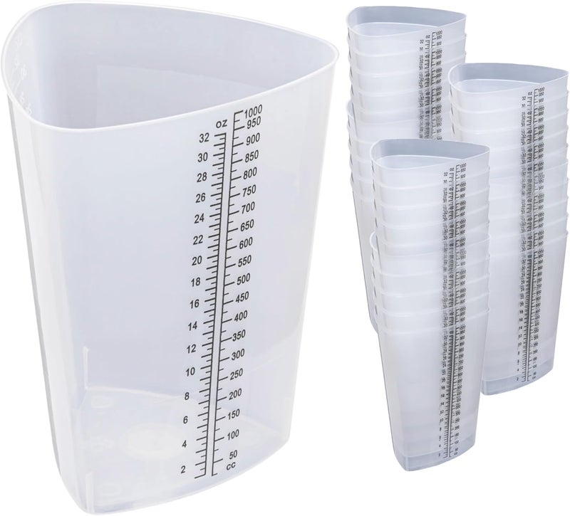Vakly Plastic Graduated Triangular Intake Output Container [30 Pack] 32 oz Three-Sided Translucent Laboratory Beaker for Measuring and Mixing - Clear Markings in oz and cc - for Specimen, Paint and Epoxy - Image 1