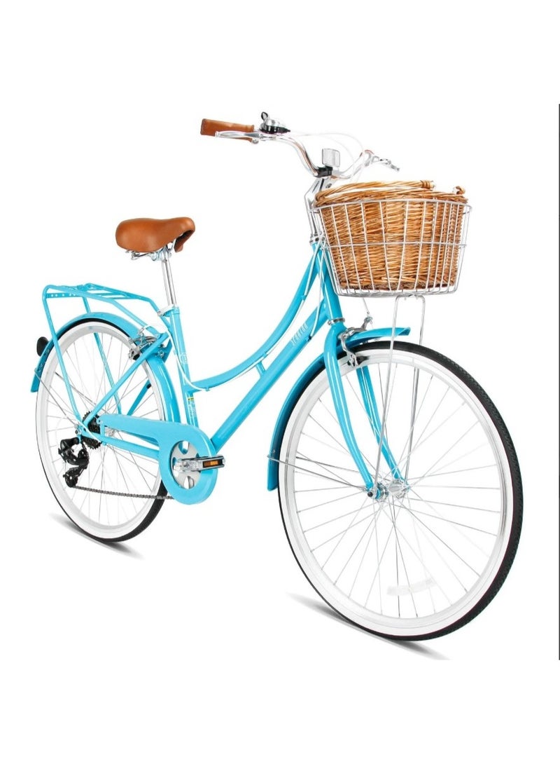 سبارتان دراجة بلاتينوم نسائية حضرية 24” من سبارتان – تصميم أنيق مستوحى من الطراز العتيق، إطار خفيف، نظام تروس شيمانو 1×7، عجلات مقاس 24 بوصة، فرامل إطار مزدوج، سلة أمامية وحامل خلفي، دراجة حضرية | تركواز SP-3126-XS - Image 1