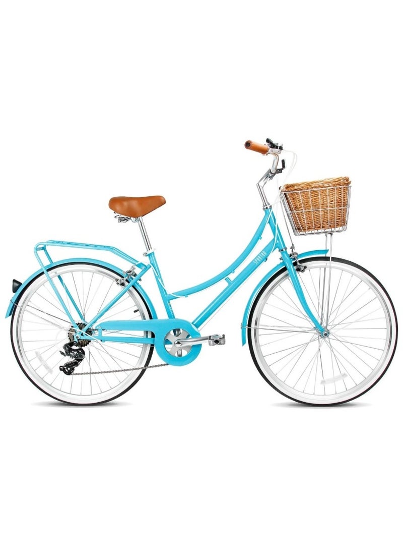 سبارتان دراجة بلاتينوم نسائية حضرية 24” من سبارتان – تصميم أنيق مستوحى من الطراز العتيق، إطار خفيف، نظام تروس شيمانو 1×7، عجلات مقاس 24 بوصة، فرامل إطار مزدوج، سلة أمامية وحامل خلفي، دراجة حضرية | تركواز SP-3126-XS - Image 2