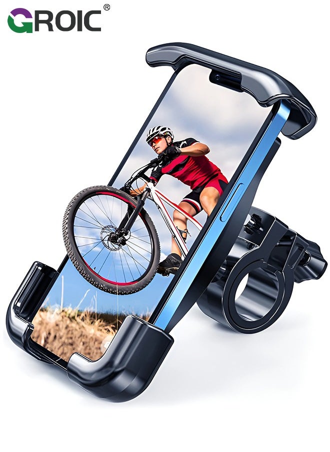 GROIC Black Motorcycle Phone Holder Mount, Bike Handlebar Phone Mount Clamp, One Hand Operation, Scooter Phone Clip for iPhone 15/14 Pro Max/X/XS, Galaxy S24 and 4.7"- 6.8" Cellphone  - Image 1